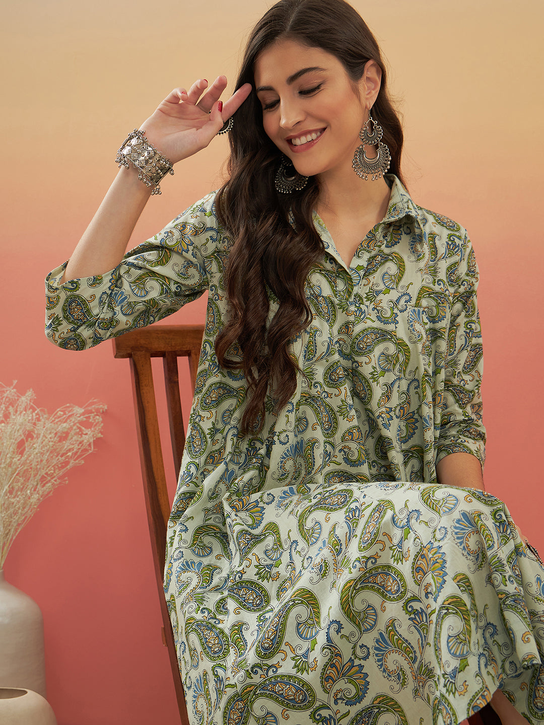 InWeave Women's Sage Green Paisley Print Flared Dress - Swadesiicart