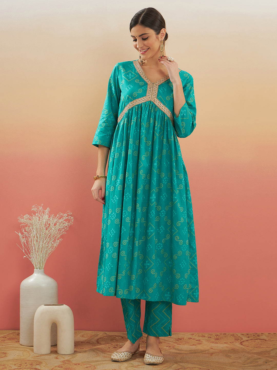 InWeave Women's Aqua S Print Alia Cut Gota Work Kurta Set - Swadesiicart