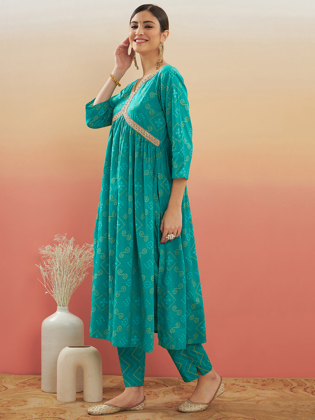InWeave Women's Aqua S Print Alia Cut Gota Work Kurta Set - Swadesiicart