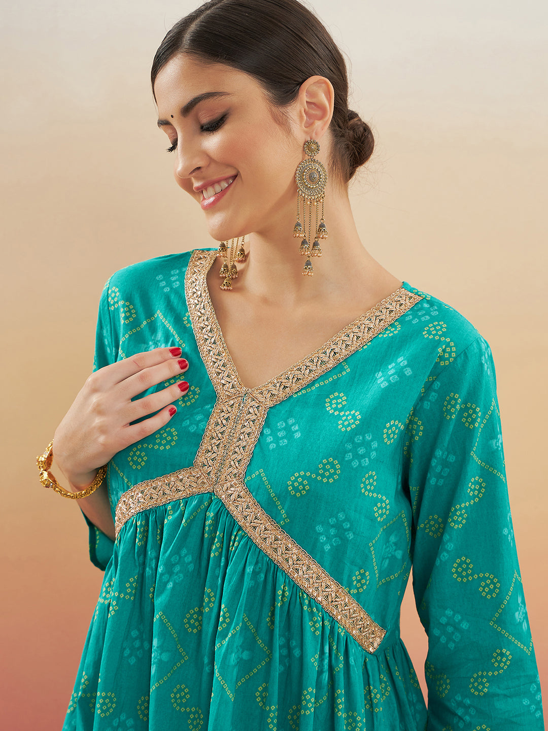 InWeave Women's Aqua S Print Alia Cut Gota Work Kurta Set - Swadesiicart