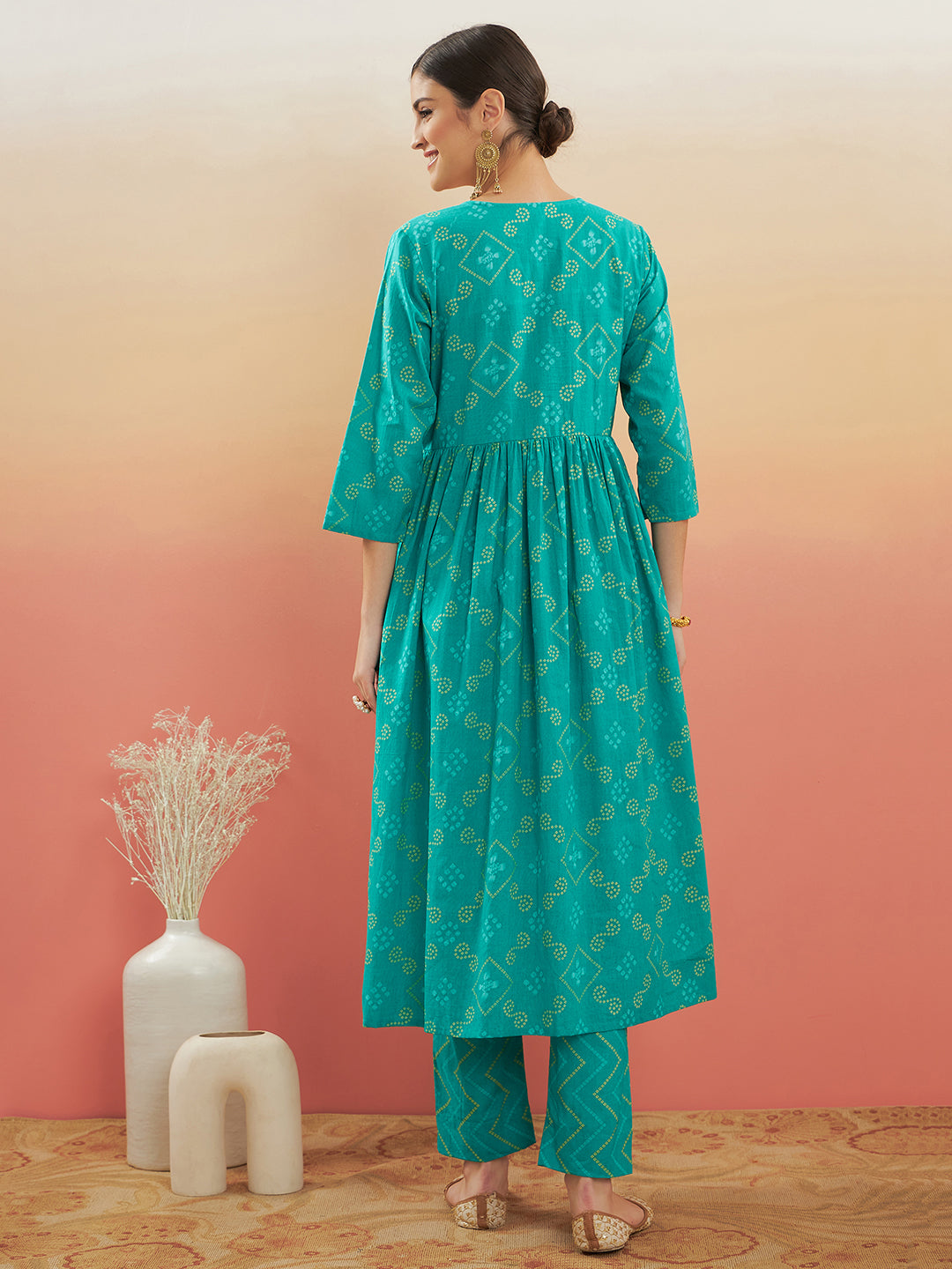 InWeave Women's Aqua S Print Alia Cut Gota Work Kurta Set - Swadesiicart