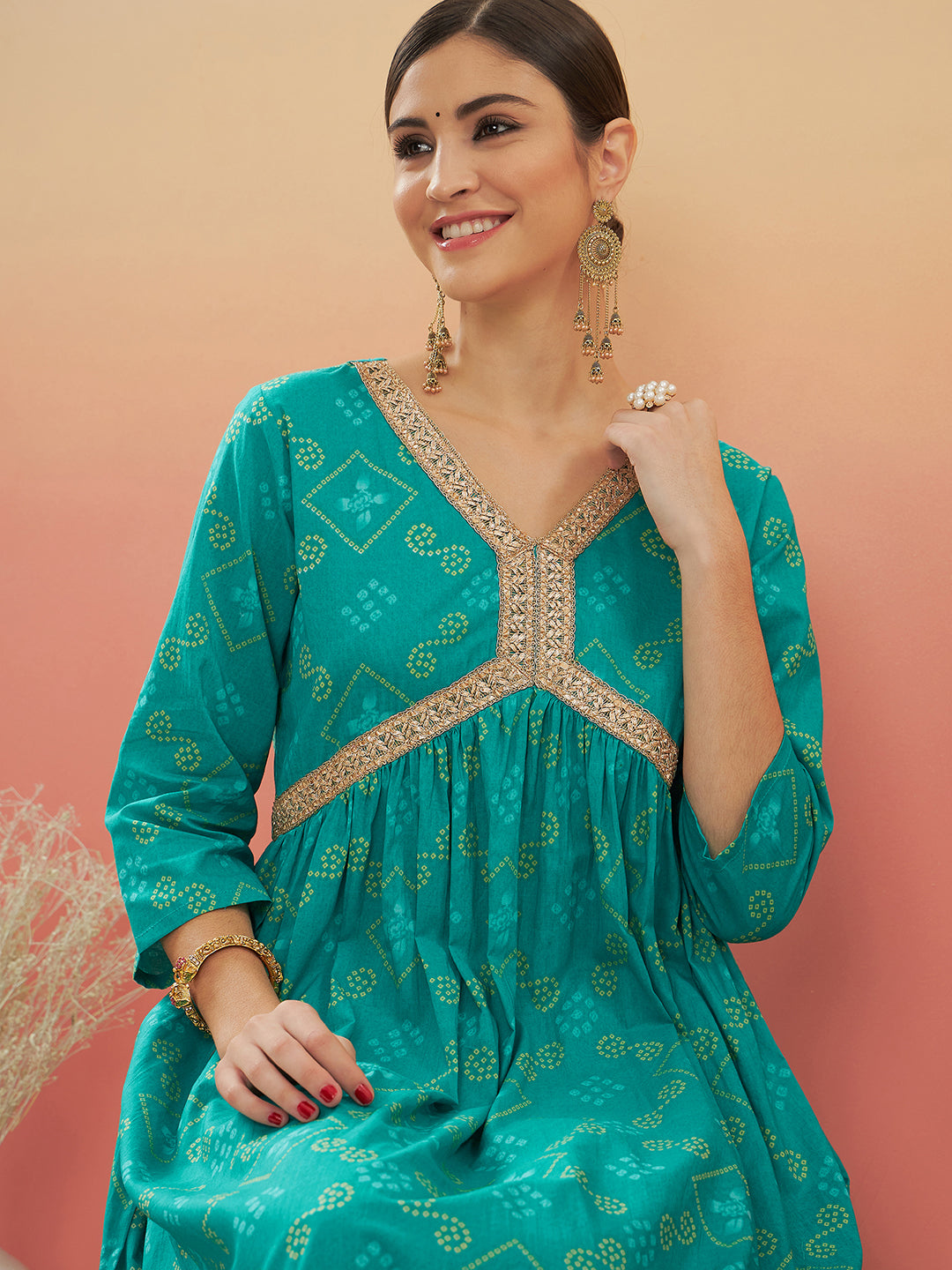 InWeave Women's Aqua S Print Alia Cut Gota Work Kurta Set - Swadesiicart