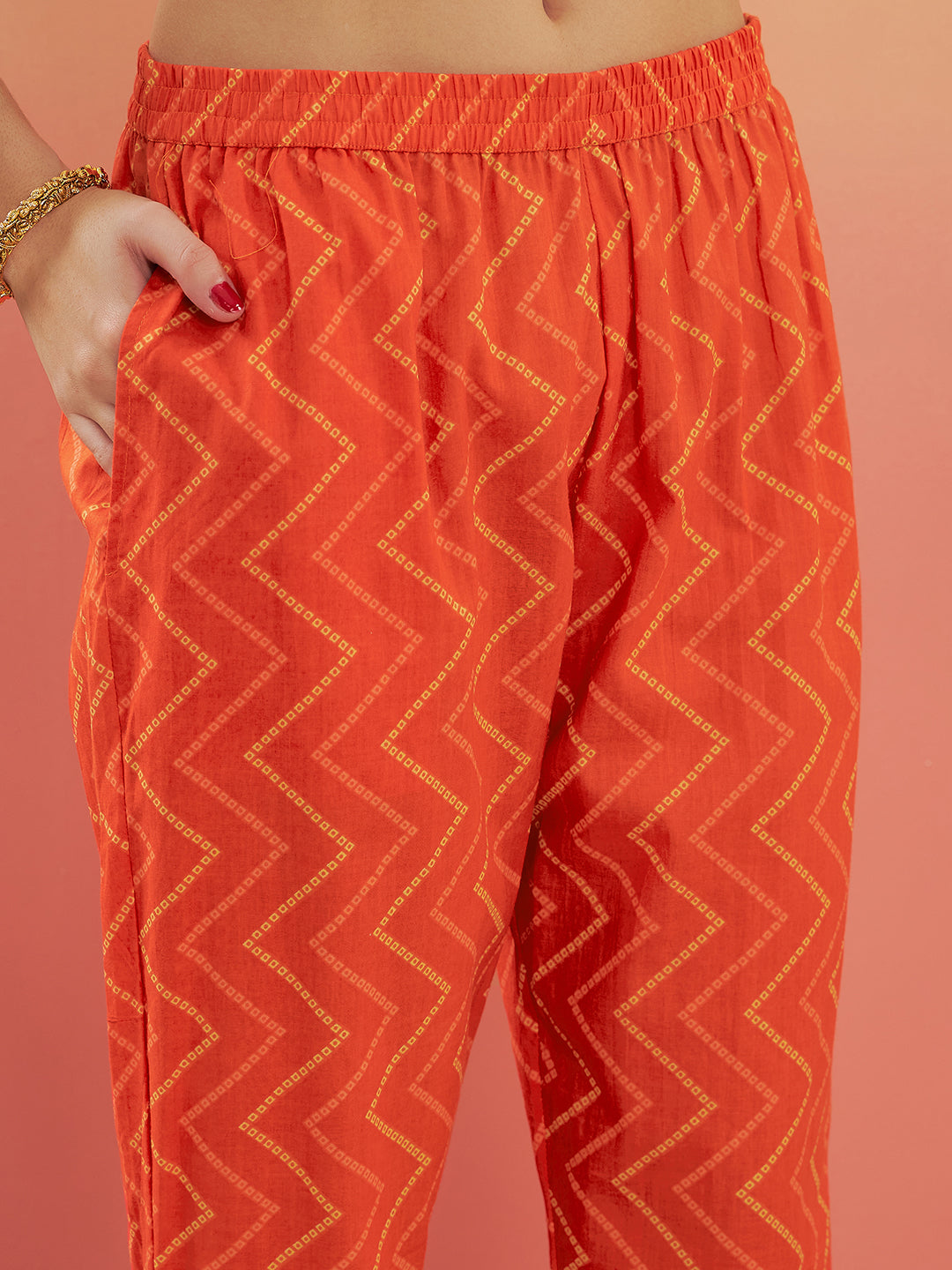 InWeave Women's Orange S Print Alia Cut Gota Work Kurta Set - Swadesiicart
