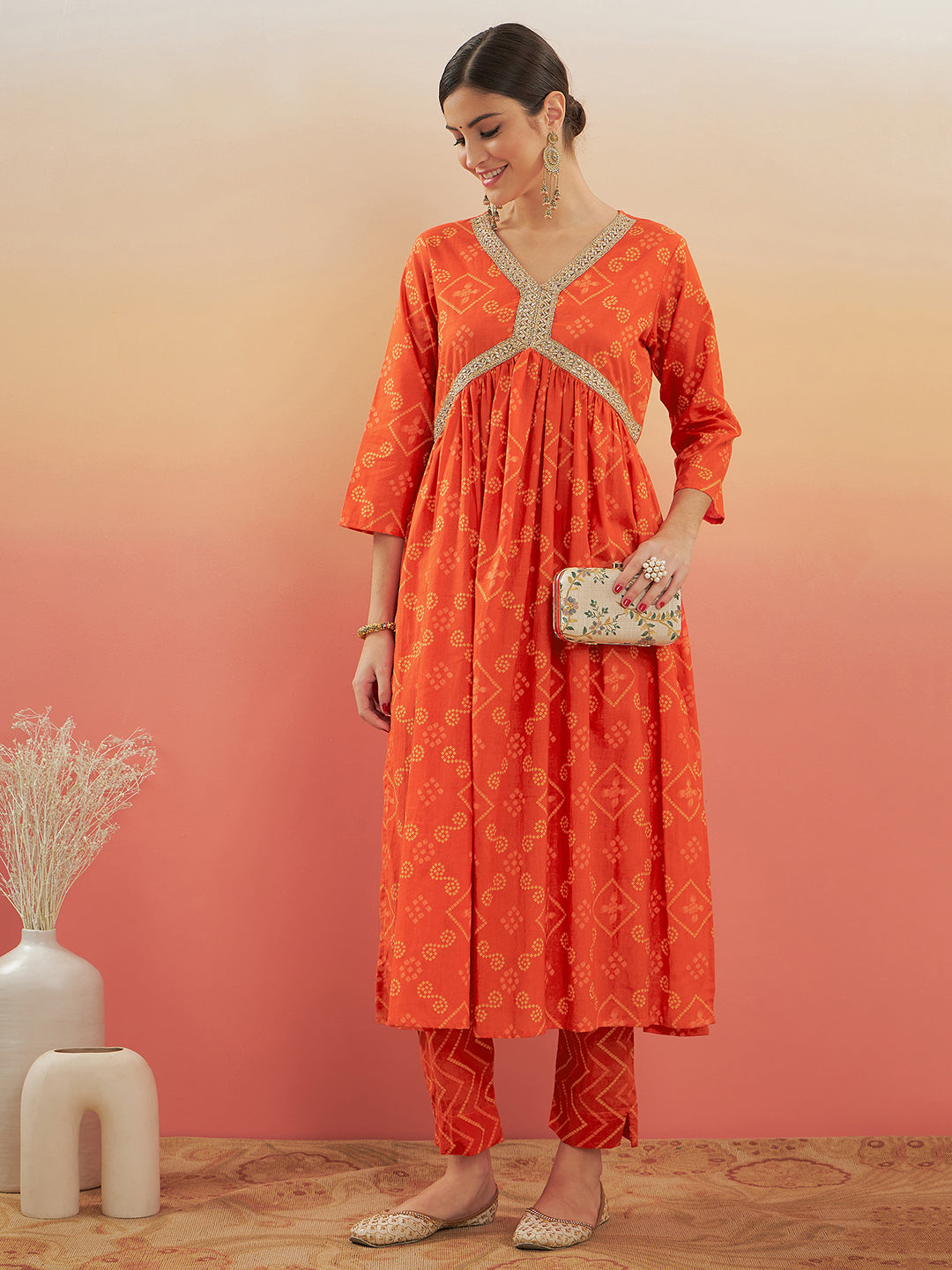 InWeave Women's Orange S Print Alia Cut Gota Work Kurta Set - Swadesiicart
