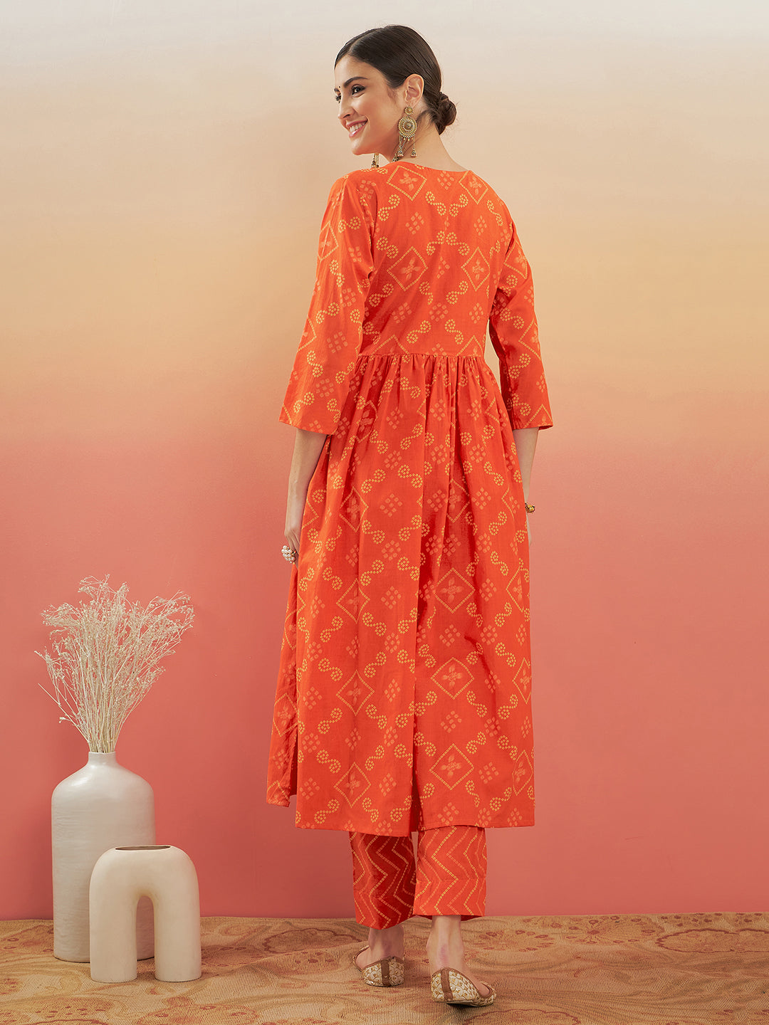 InWeave Women's Orange S Print Alia Cut Gota Work Kurta Set - Swadesiicart