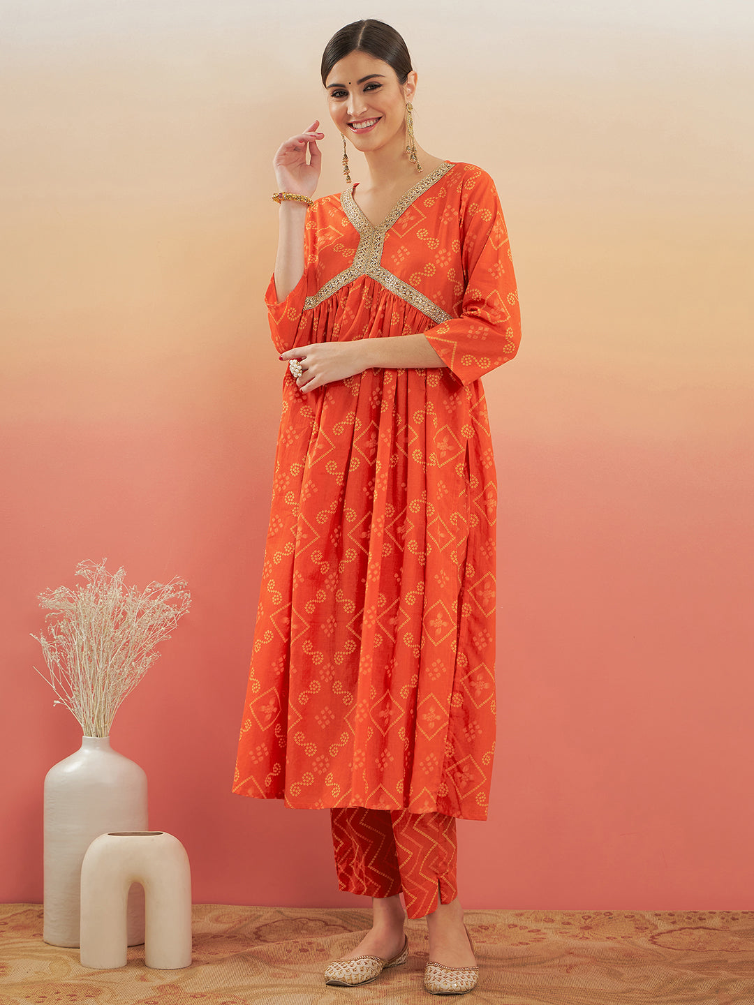 InWeave Women's Orange S Print Alia Cut Gota Work Kurta Set - Swadesiicart