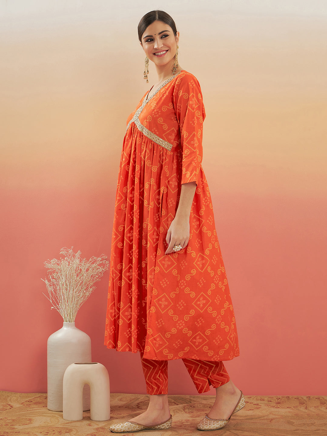 InWeave Women's Orange S Print Alia Cut Gota Work Kurta Set - Swadesiicart