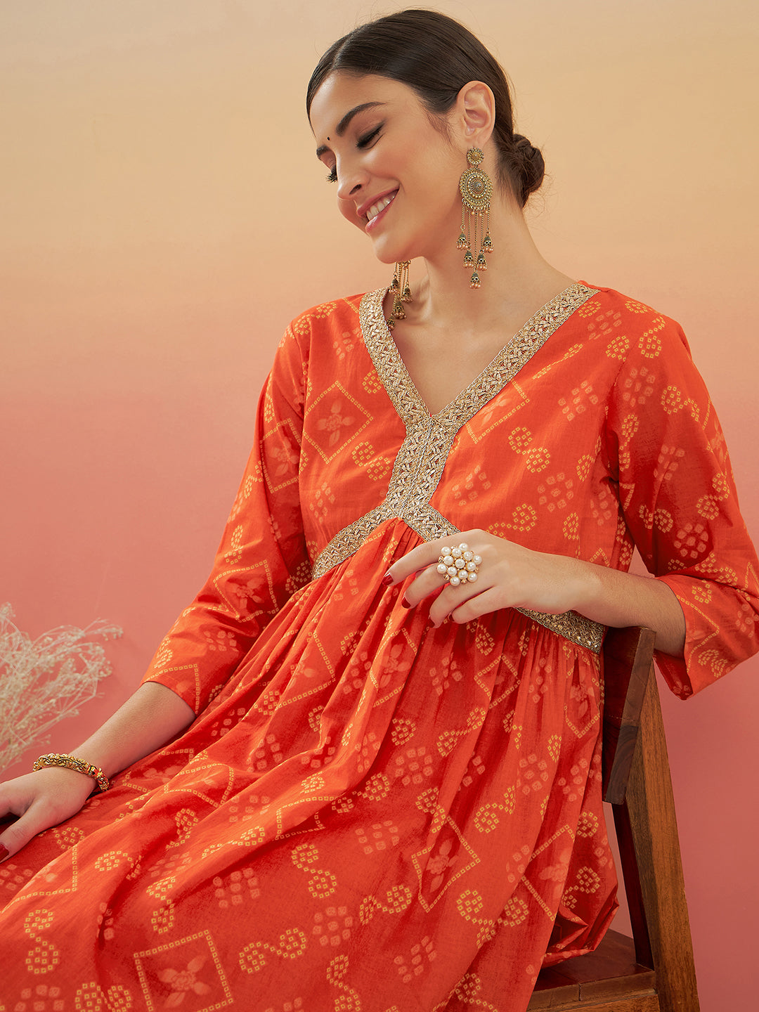 InWeave Women's Orange S Print Alia Cut Gota Work Kurta Set - Swadesiicart