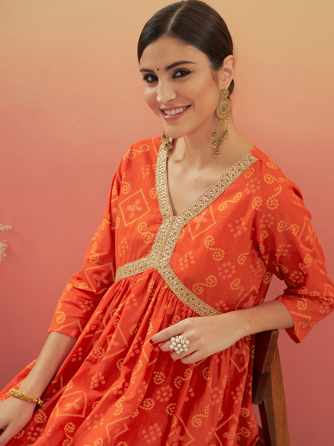InWeave Women's Orange S Print Alia Cut Gota Work Kurta Set - Swadesiicart