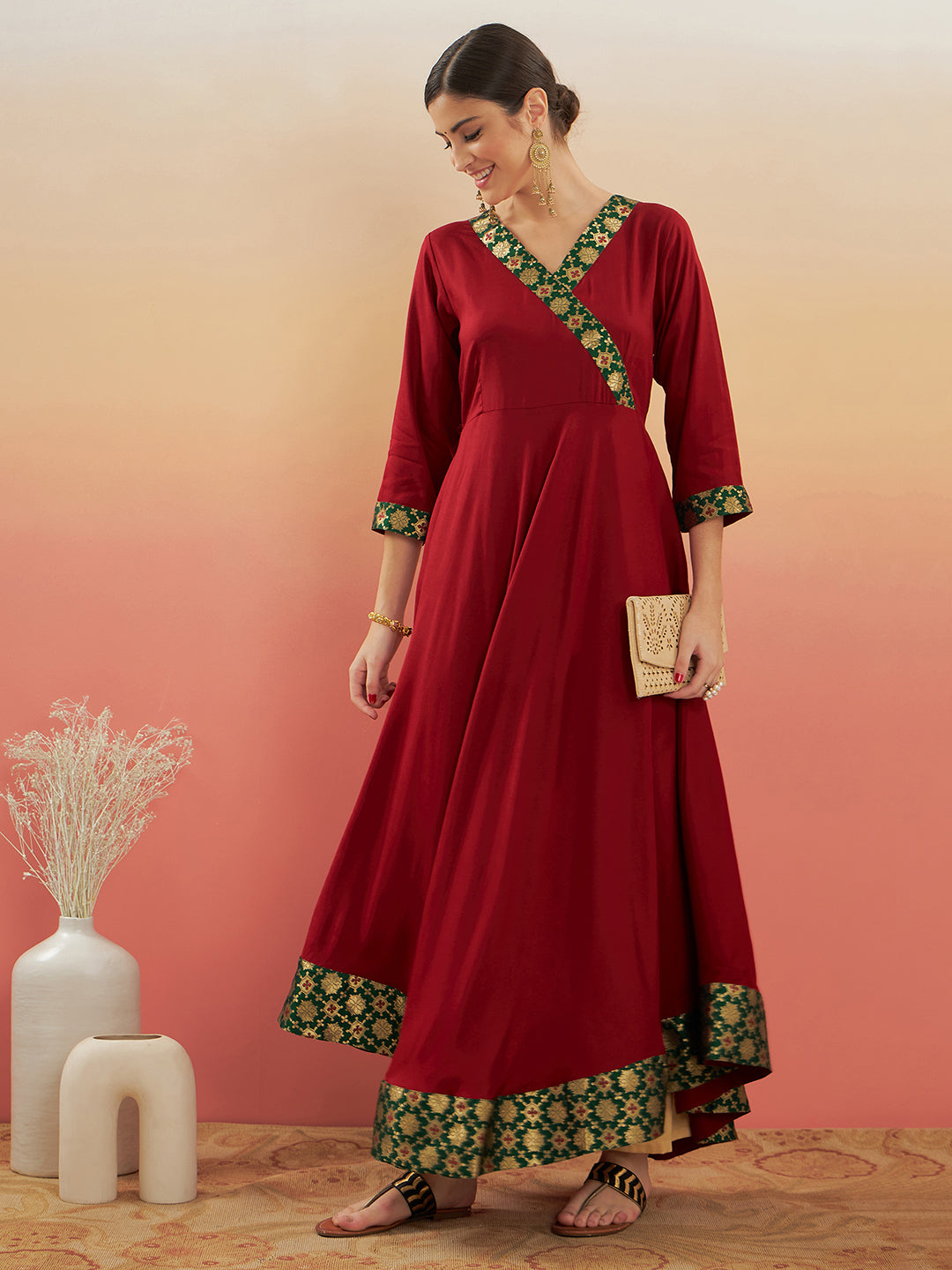 InWeave Women's Maroon Green Border Anarkali Kurta - Swadesiicart