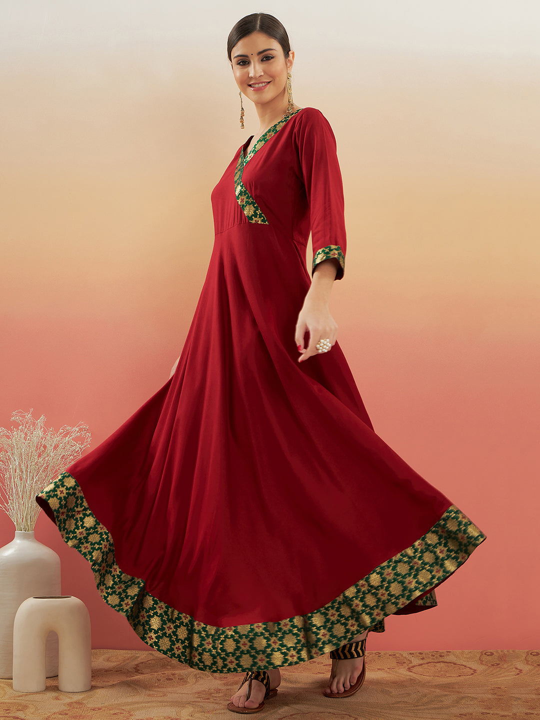 InWeave Women's Maroon Green Border Anarkali Kurta - Swadesiicart