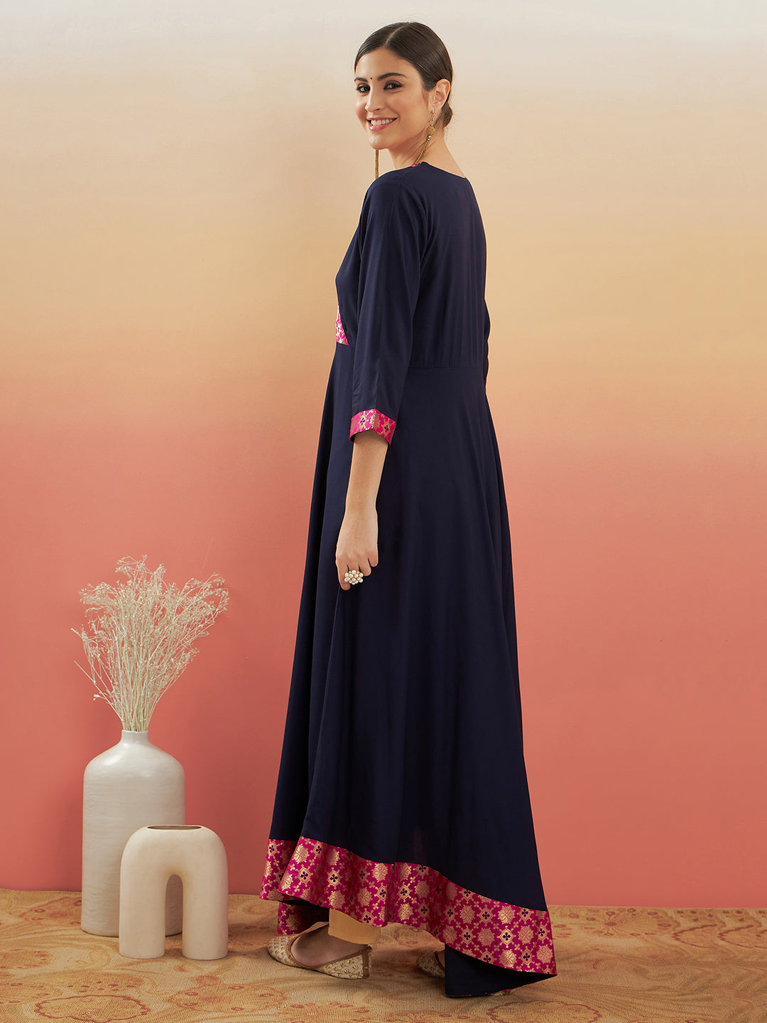 InWeave Women's Navy Blue Pink Border Anarkali Kurta - Swadesiicart