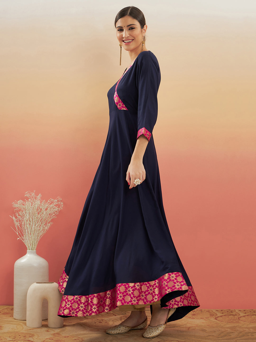 InWeave Women's Navy Blue Pink Border Anarkali Kurta - Swadesiicart