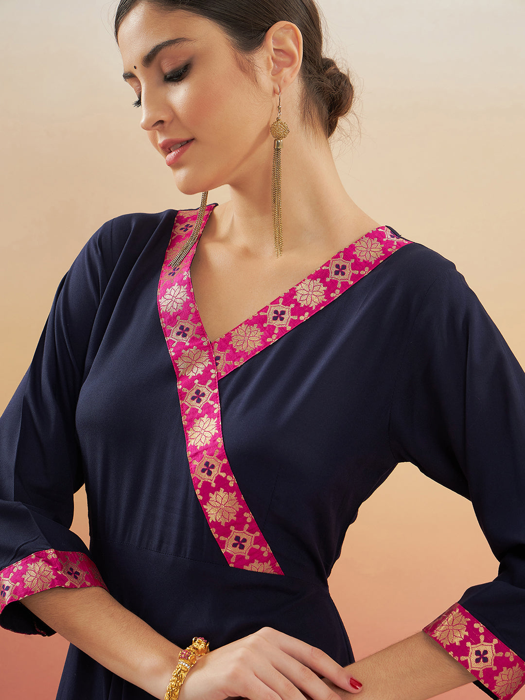 InWeave Women's Navy Blue Pink Border Anarkali Kurta - Swadesiicart