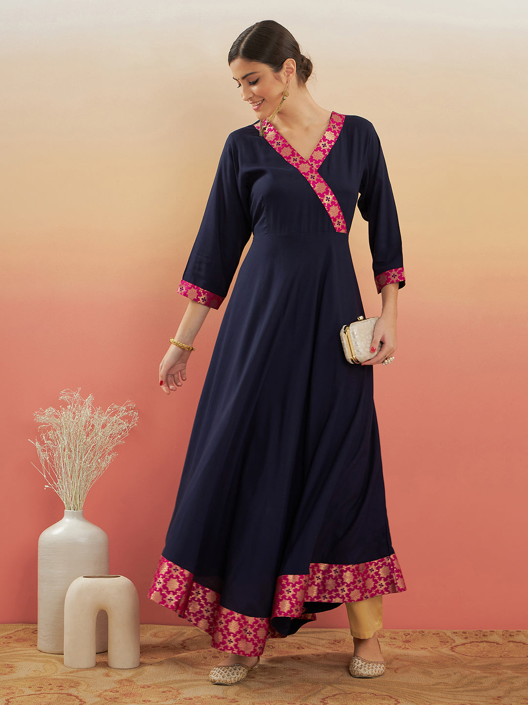InWeave Women's Navy Blue Pink Border Anarkali Kurta - Swadesiicart