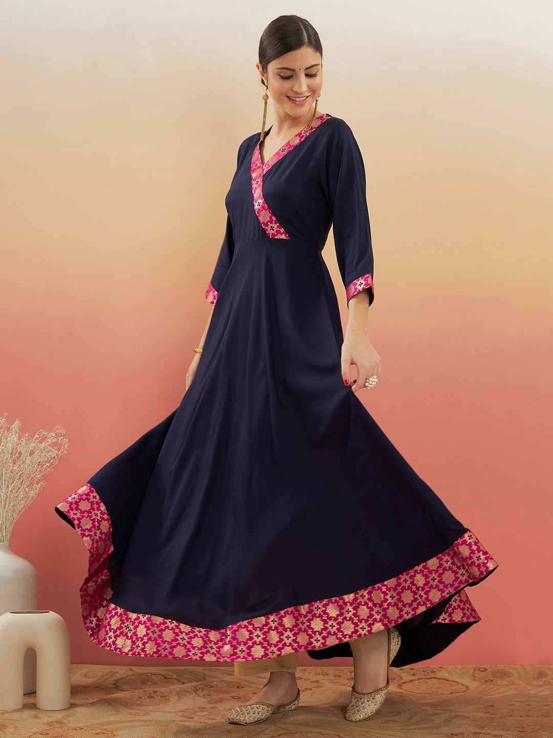 InWeave Women's Navy Blue Pink Border Anarkali Kurta - Swadesiicart