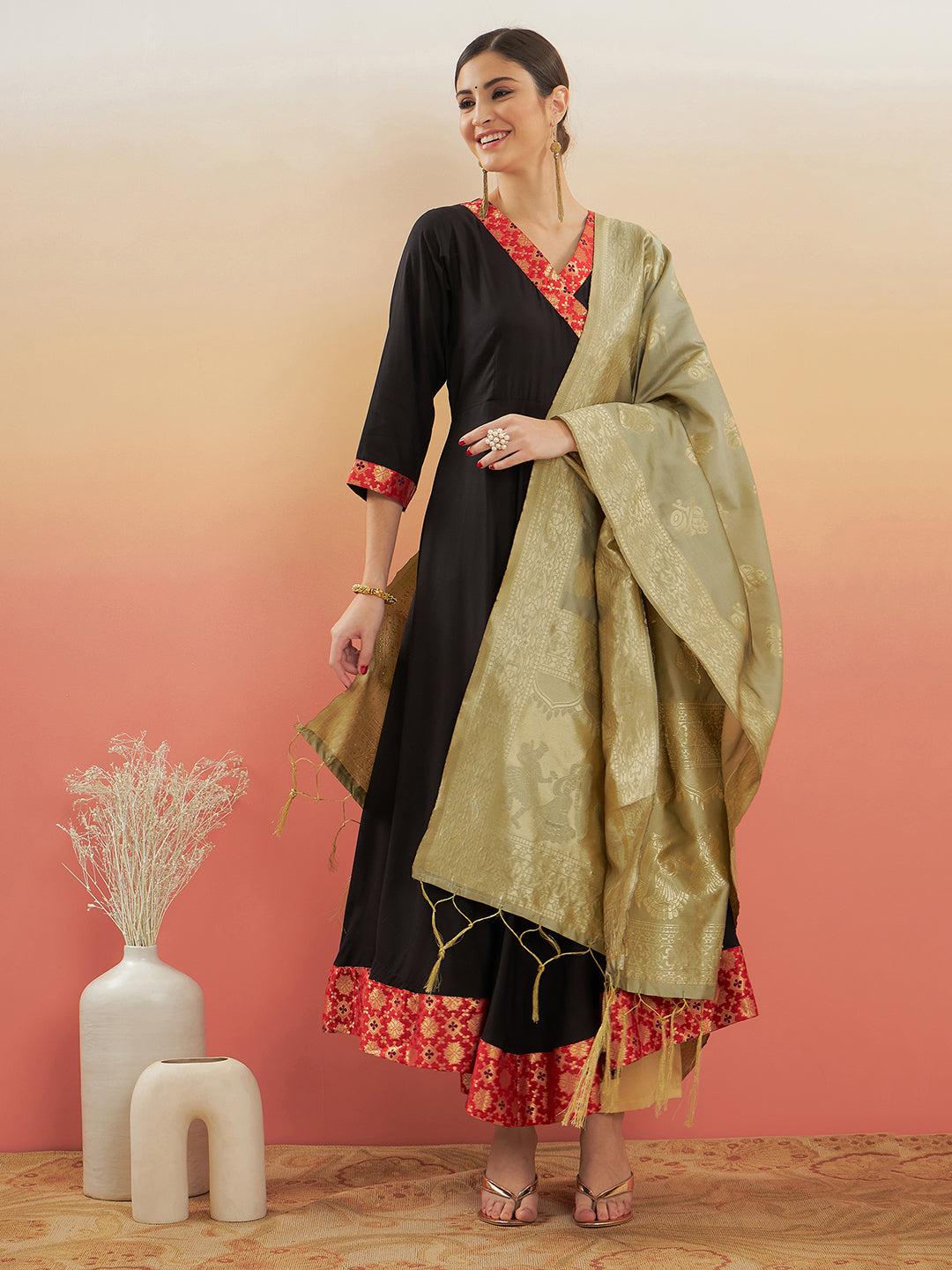 InWeave Women's Black Red Border Anarkali W Golden Wedding Brocade Dupatta - Swadesiicart