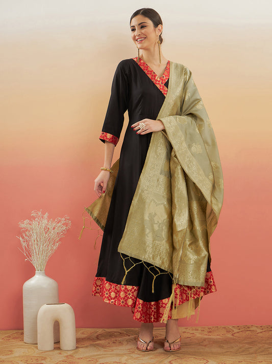 InWeave Women's Black Red Border Anarkali W Golden Wedding Brocade Dupatta - Swadesiicart