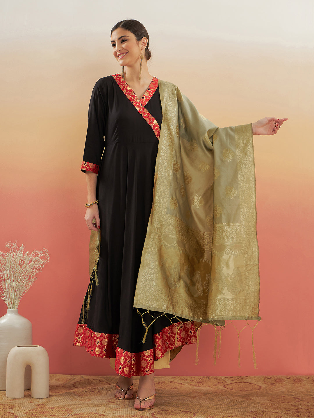 InWeave Women's Black Red Border Anarkali W Golden Wedding Brocade Dupatta - Swadesiicart