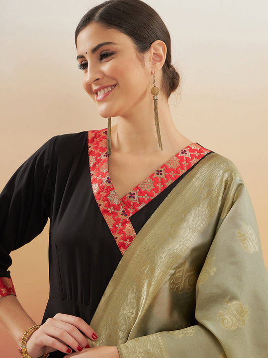 InWeave Women's Black Red Border Anarkali W Golden Wedding Brocade Dupatta - Swadesiicart