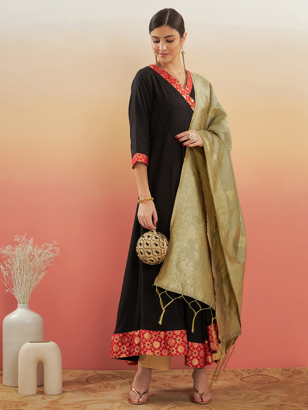 InWeave Women's Black Red Border Anarkali W Golden Wedding Brocade Dupatta - Swadesiicart