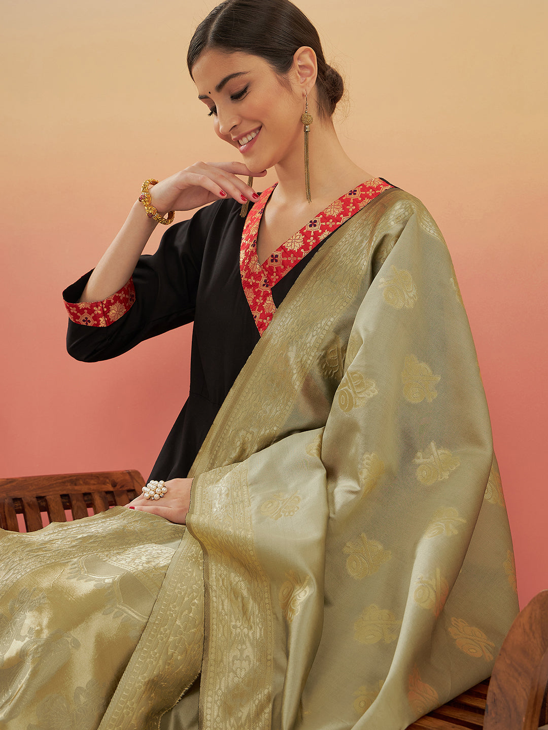 InWeave Women's Black Red Border Anarkali W Golden Wedding Brocade Dupatta - Swadesiicart