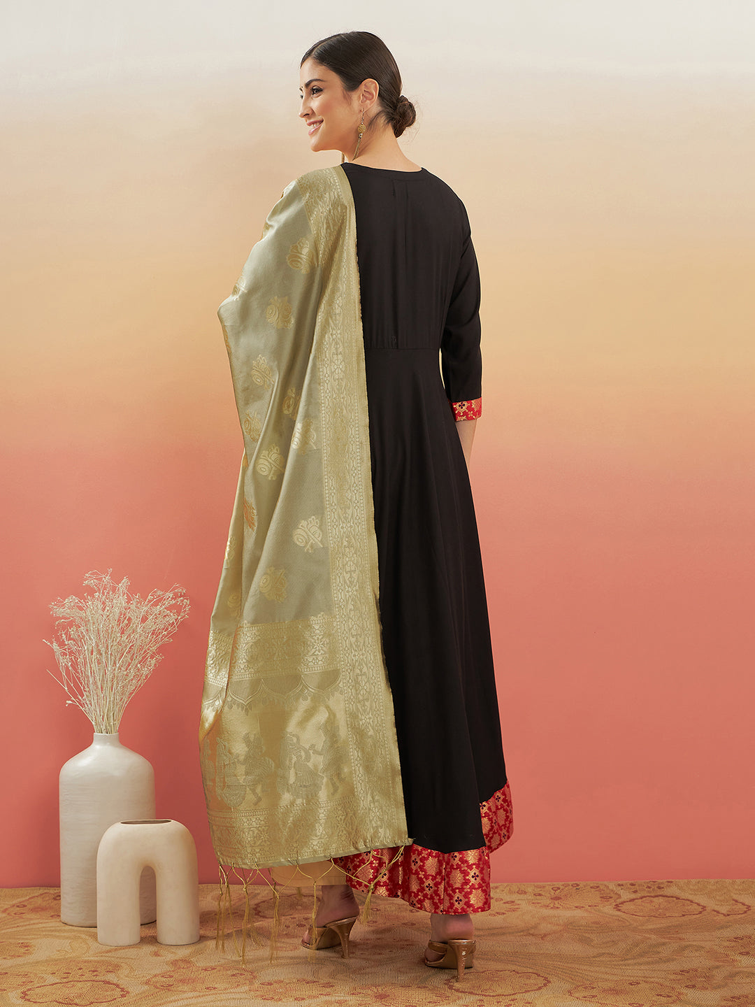 InWeave Women's Black Red Border Anarkali W Golden Wedding Brocade Dupatta - Swadesiicart