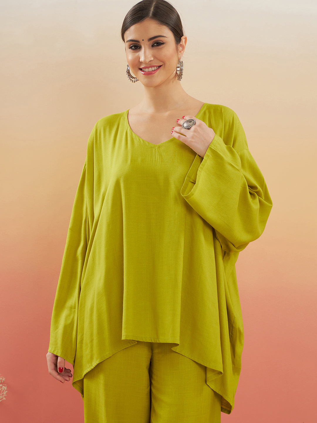 InWeave Women's Pear Green Solid Boho Full Sleeve Coord Set - Swadesiicart