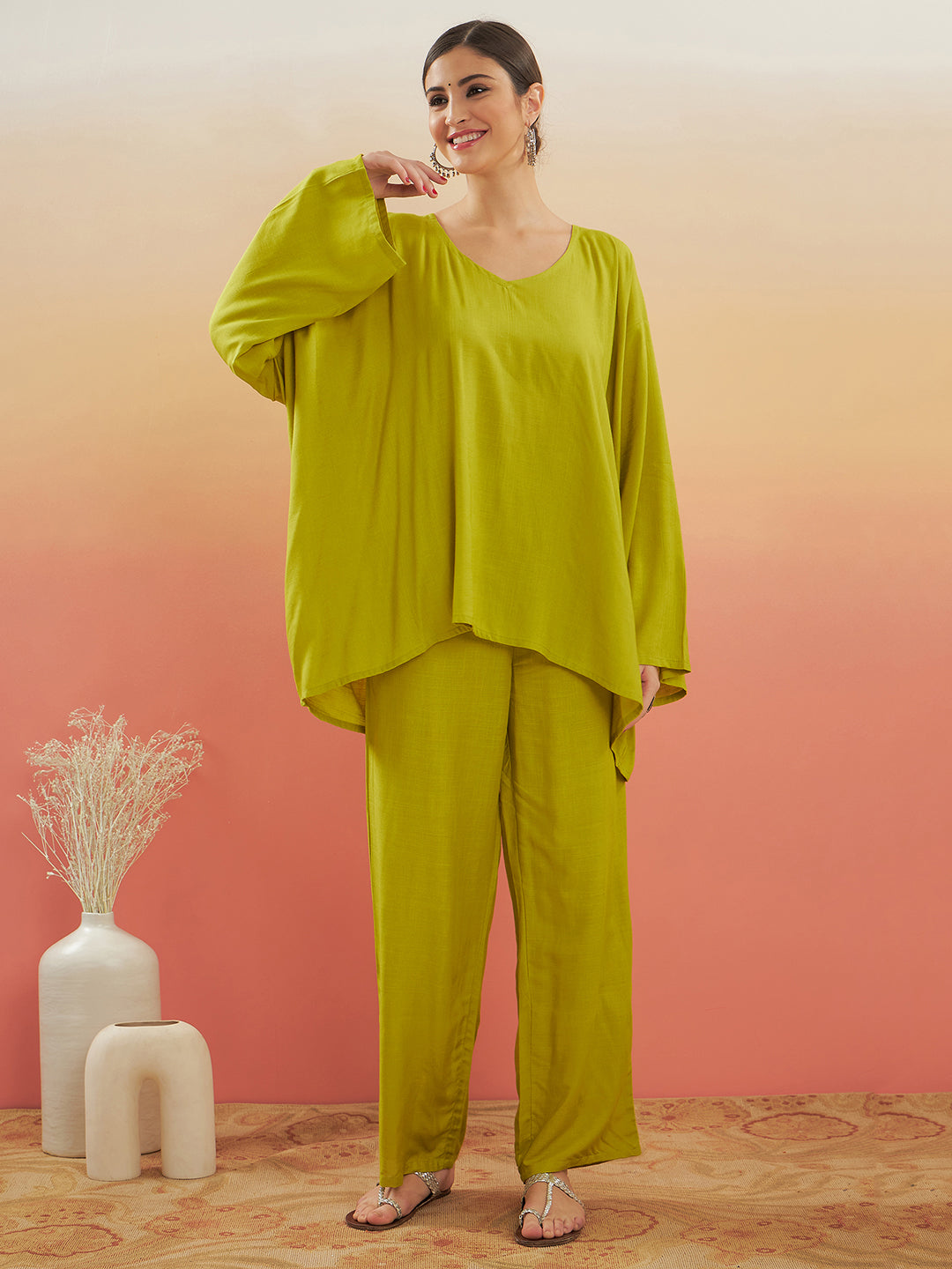 InWeave Women's Pear Green Solid Boho Full Sleeve Coord Set - Swadesiicart