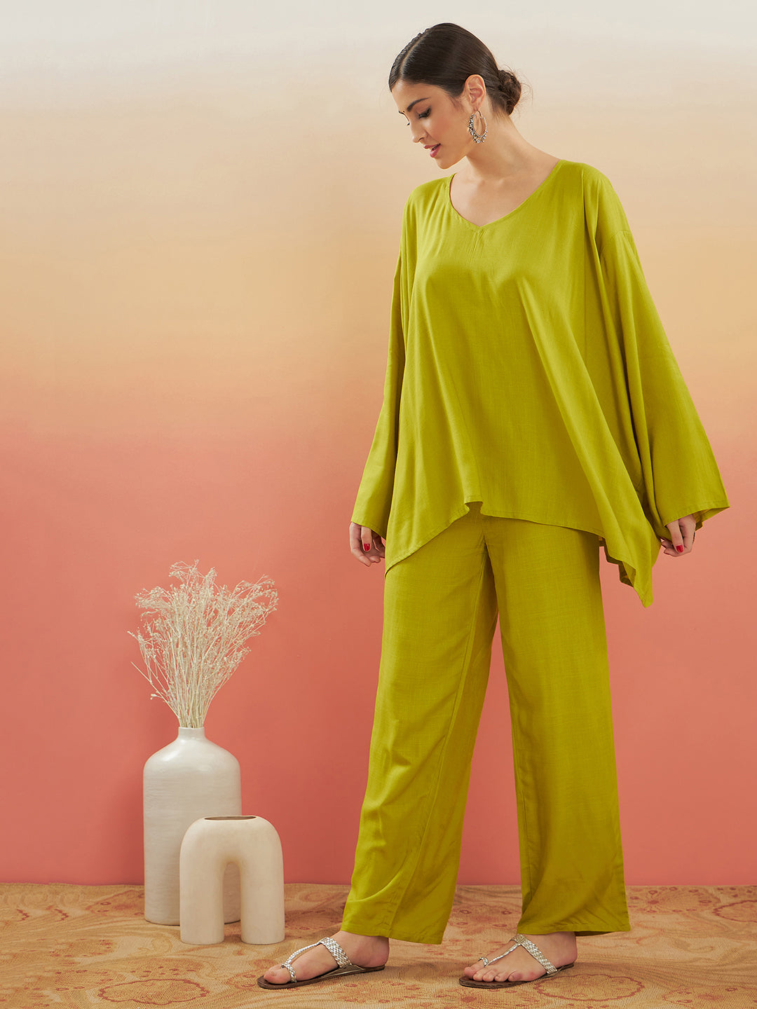 InWeave Women's Pear Green Solid Boho Full Sleeve Coord Set - Swadesiicart