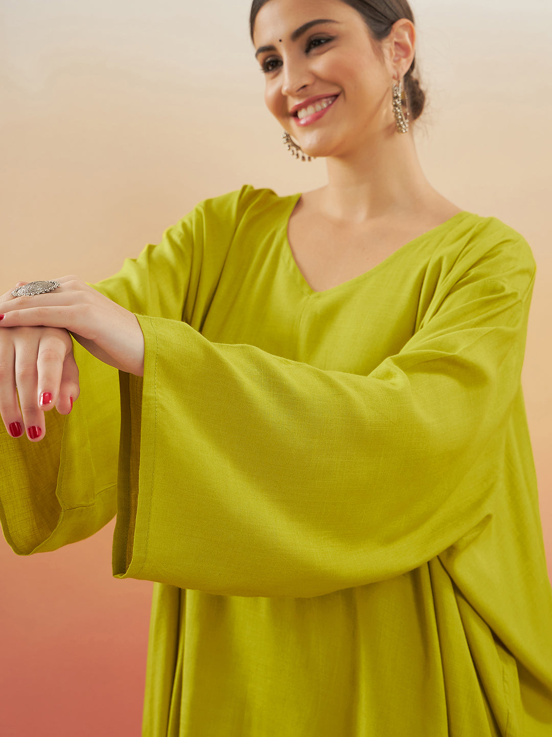 InWeave Women's Pear Green Solid Boho Full Sleeve Coord Set - Swadesiicart