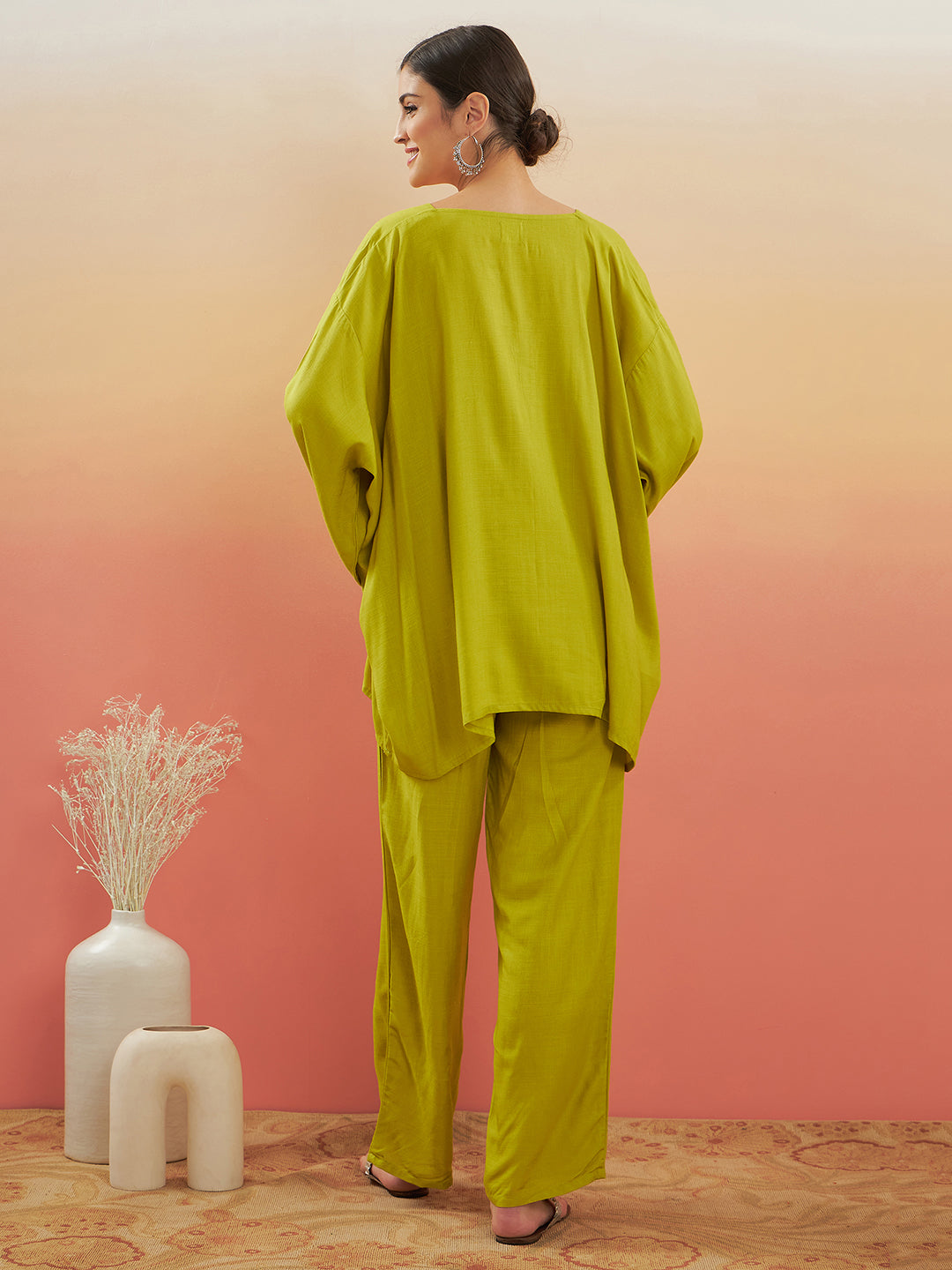 InWeave Women's Pear Green Solid Boho Full Sleeve Coord Set - Swadesiicart
