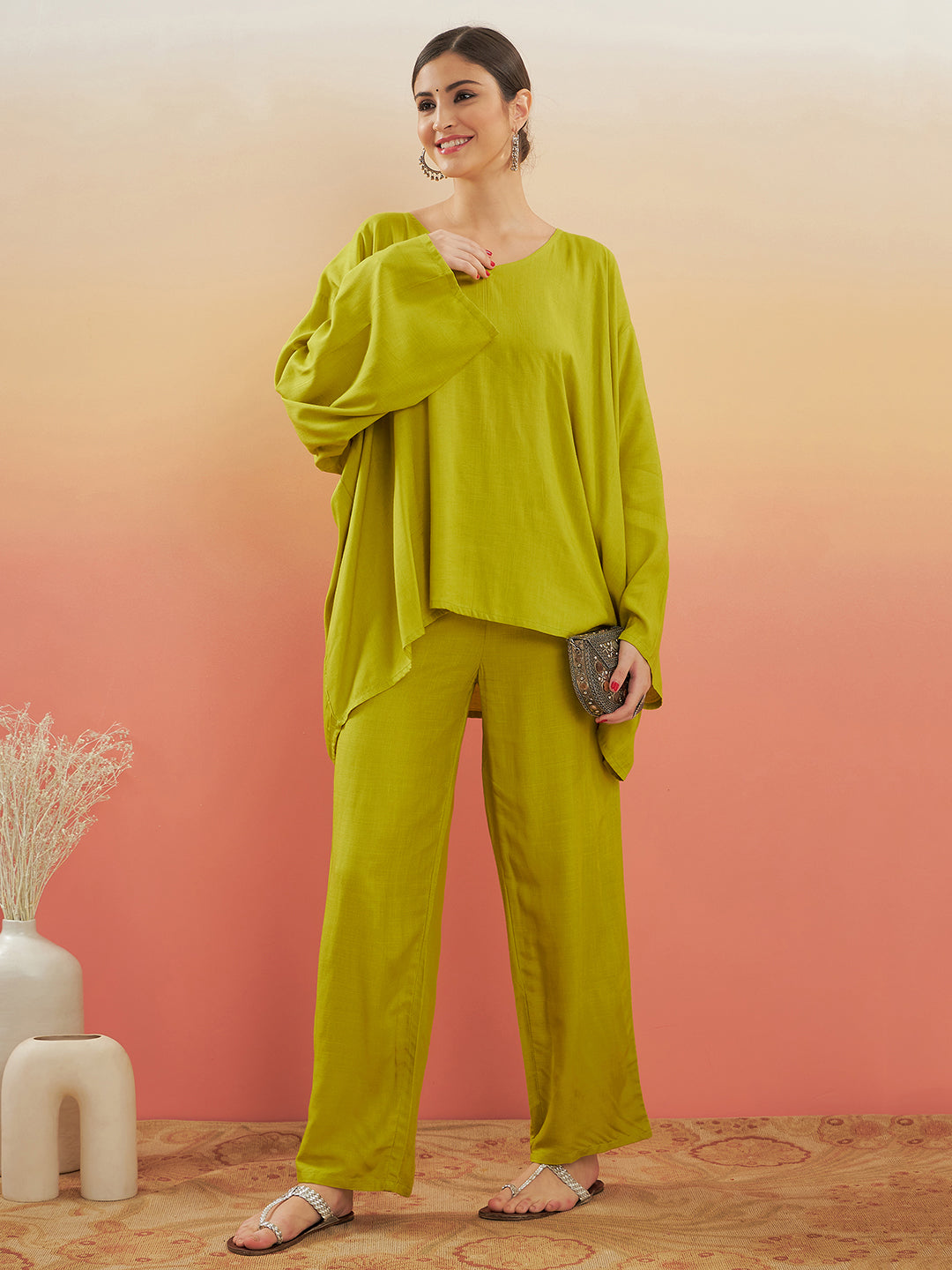 InWeave Women's Pear Green Solid Boho Full Sleeve Coord Set - Swadesiicart
