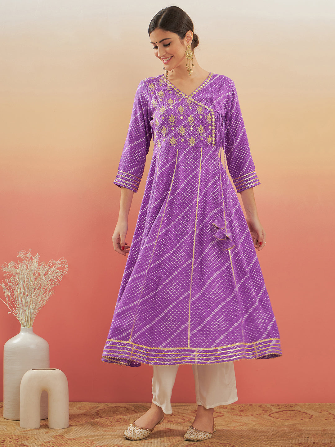 InWeave Women's Lilac Purple Lehriya Gota Work Angrakha Style Anarkali Kurta - Swadesiicart