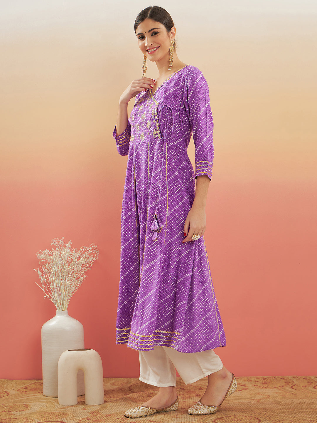InWeave Women's Lilac Purple Lehriya Gota Work Angrakha Style Anarkali Kurta - Swadesiicart