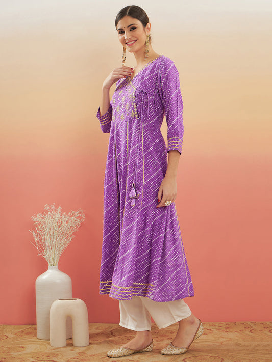 InWeave Women's Lilac Purple Lehriya Gota Work Angrakha Style Anarkali Kurta - Swadesiicart