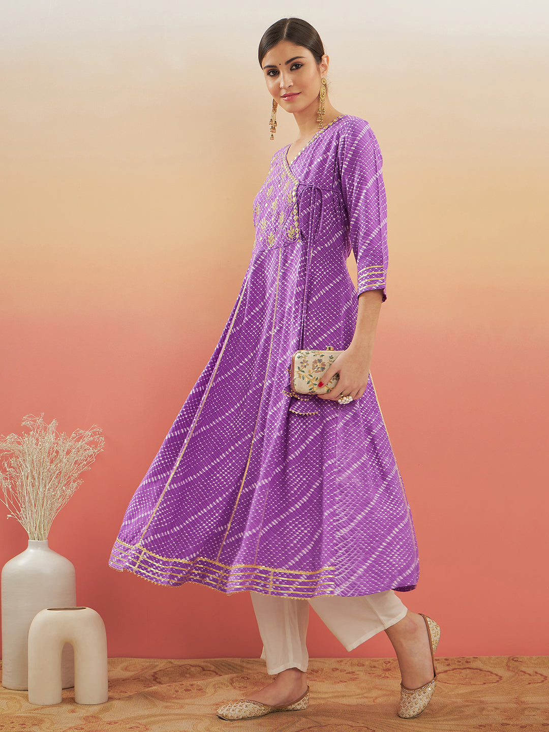 InWeave Women's Lilac Purple Lehriya Gota Work Angrakha Style Anarkali Kurta - Swadesiicart
