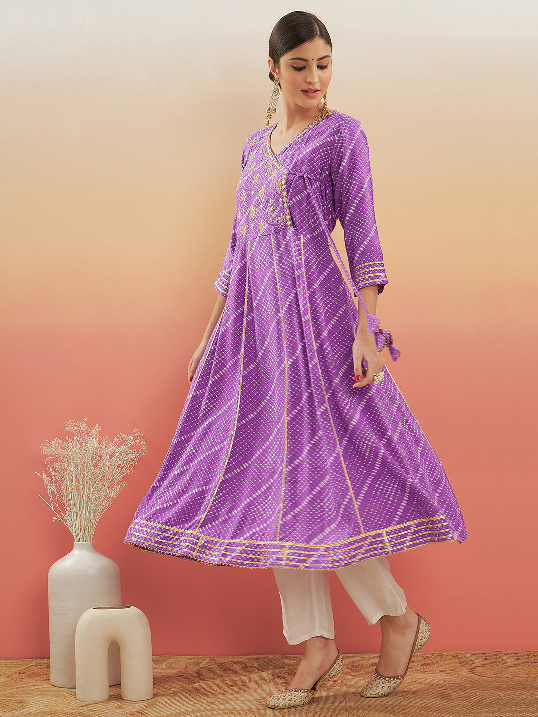 InWeave Women's Lilac Purple Lehriya Gota Work Angrakha Style Anarkali Kurta - Swadesiicart