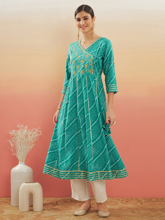 InWeave Women's Teal Lehriya Gota Work Angrakha Style Anarkali Kurta - Swadesiicart