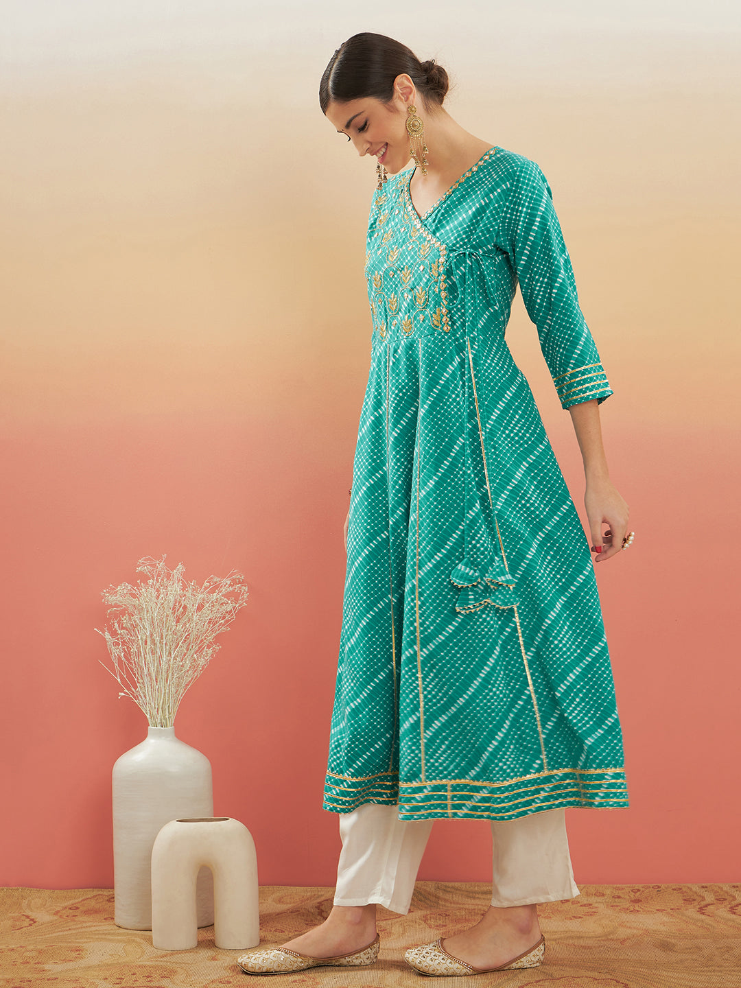 InWeave Women's Teal Lehriya Gota Work Angrakha Style Anarkali Kurta - Swadesiicart
