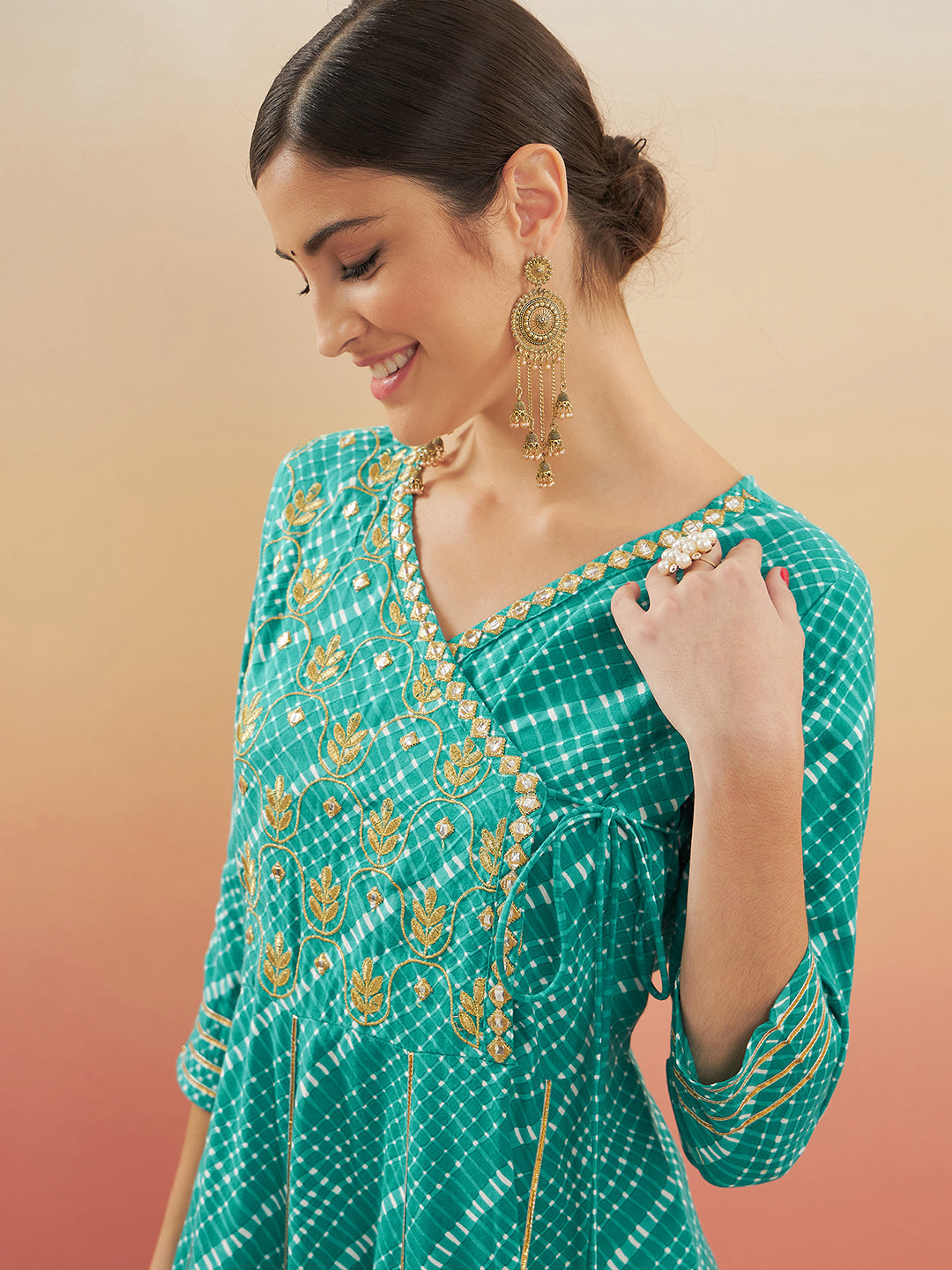 InWeave Women's Teal Lehriya Gota Work Angrakha Style Anarkali Kurta - Swadesiicart