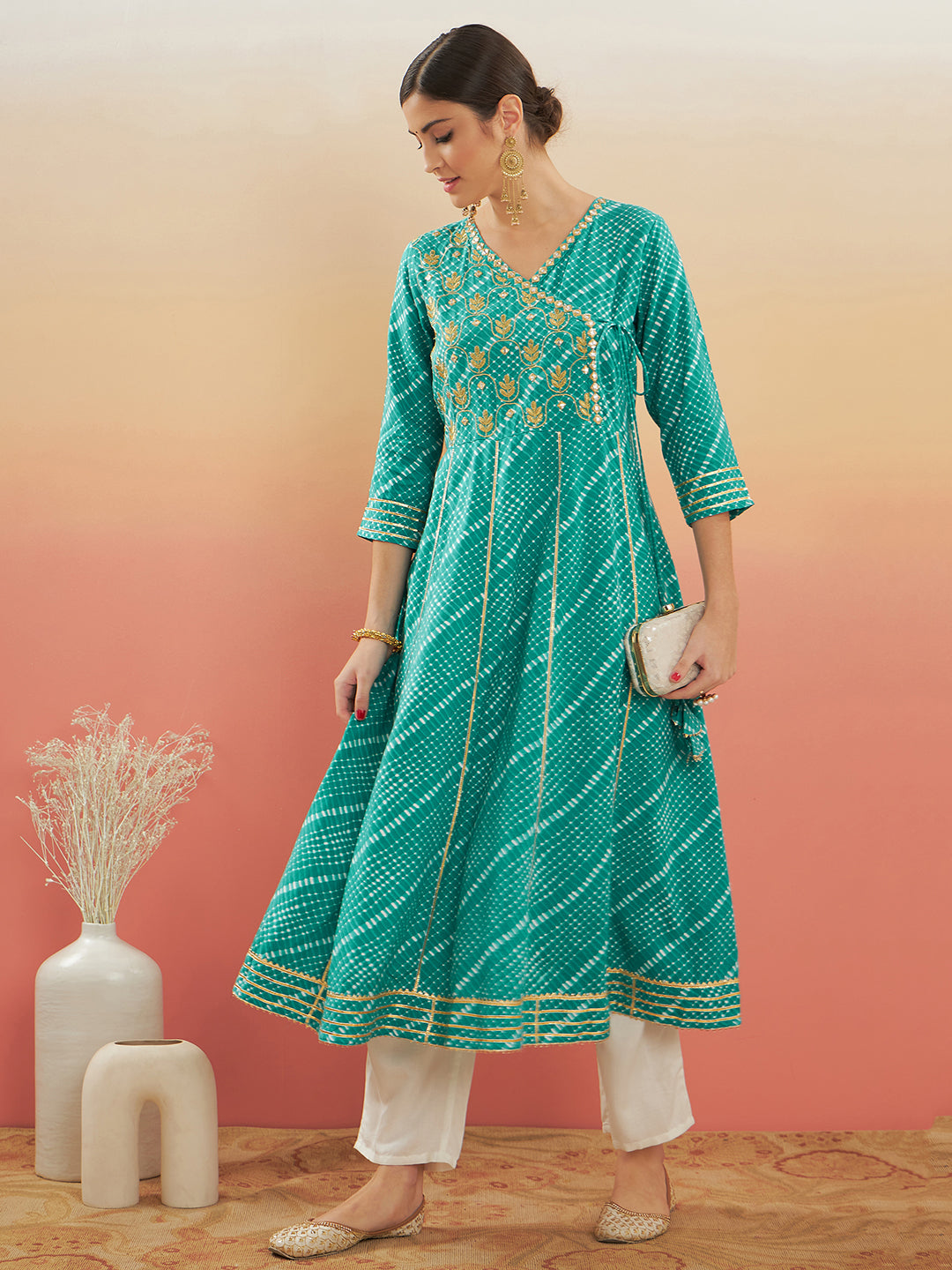 InWeave Women's Teal Lehriya Gota Work Angrakha Style Anarkali Kurta - Swadesiicart