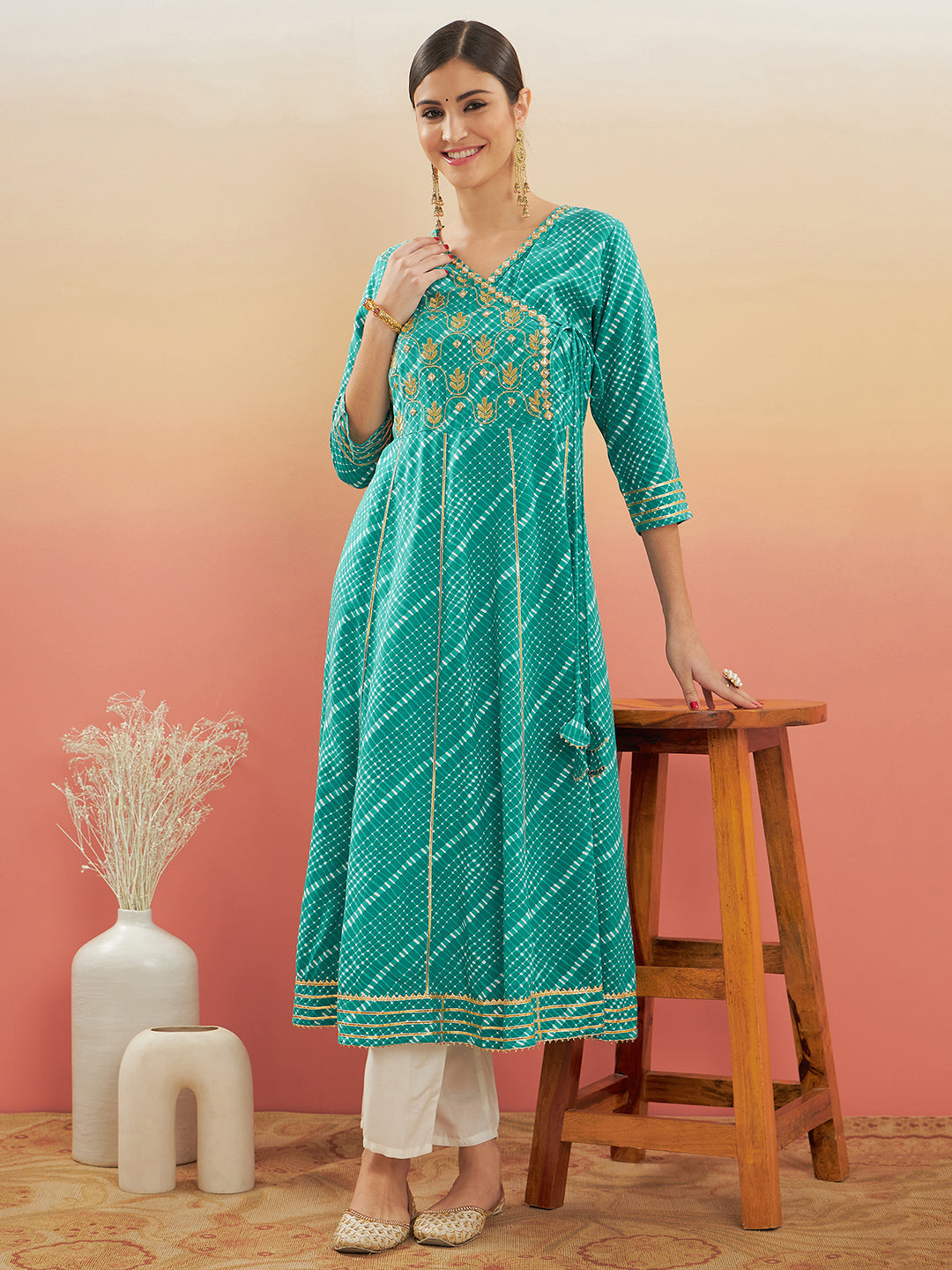 InWeave Women's Teal Lehriya Gota Work Angrakha Style Anarkali Kurta - Swadesiicart