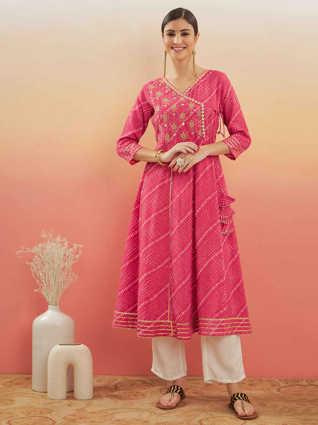InWeave Women's Punch Pink Lehriya Gota Work Angrakha Style Anarkali Kurta - Swadesiicart
