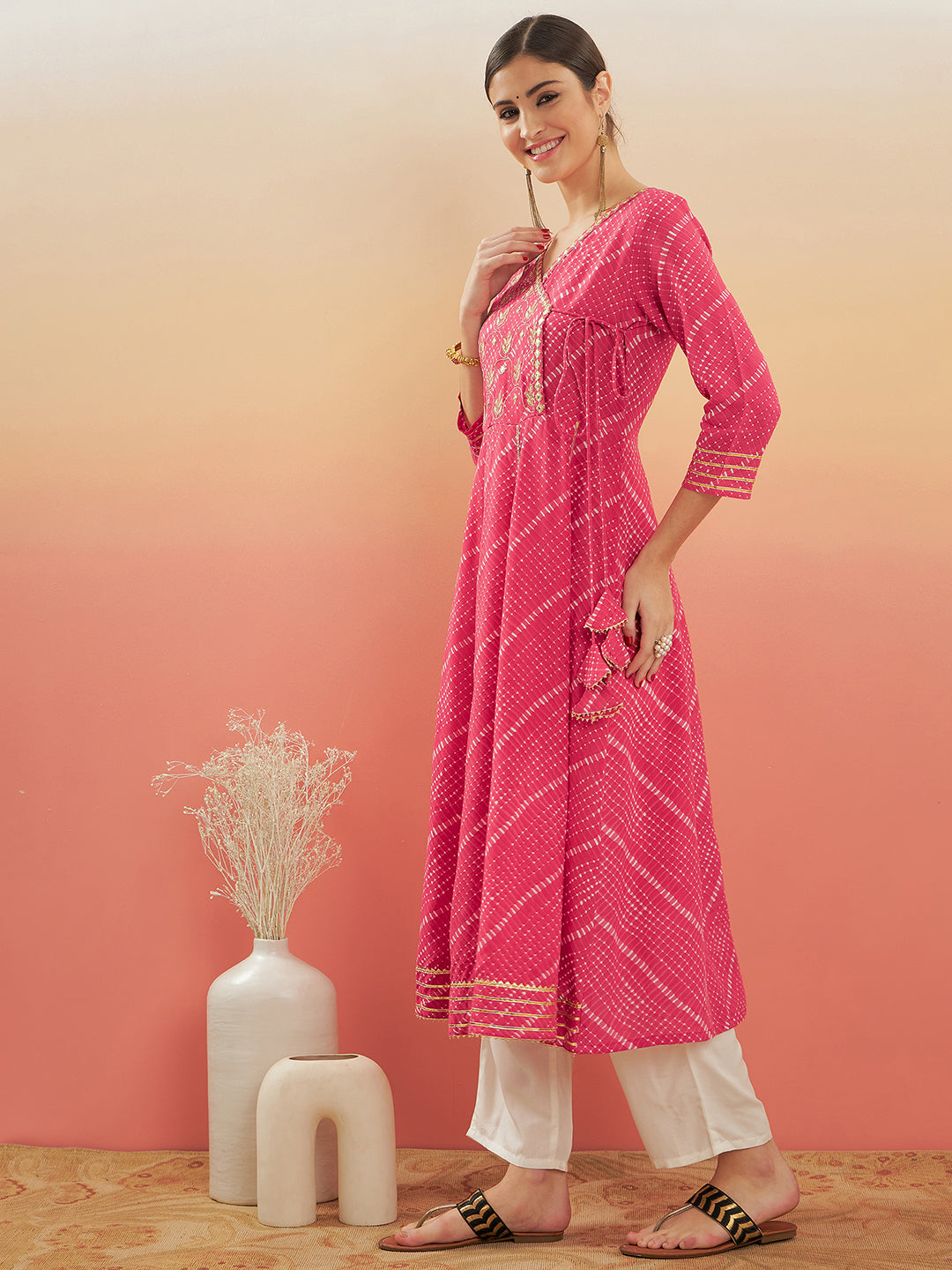 InWeave Women's Punch Pink Lehriya Gota Work Angrakha Style Anarkali Kurta - Swadesiicart