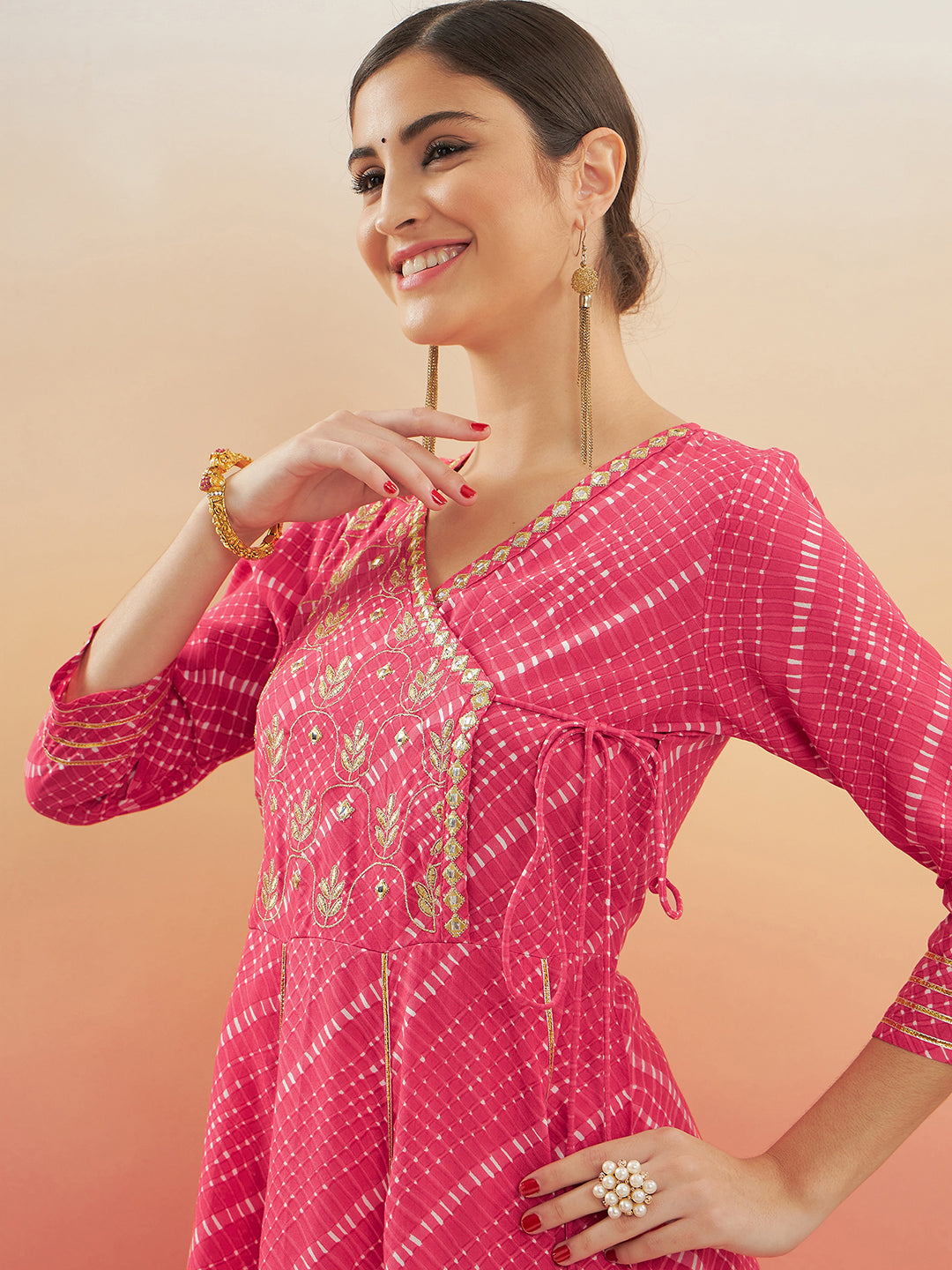 InWeave Women's Punch Pink Lehriya Gota Work Angrakha Style Anarkali Kurta - Swadesiicart