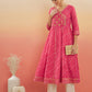 InWeave Women's Punch Pink Lehriya Gota Work Angrakha Style Anarkali Kurta - Swadesiicart