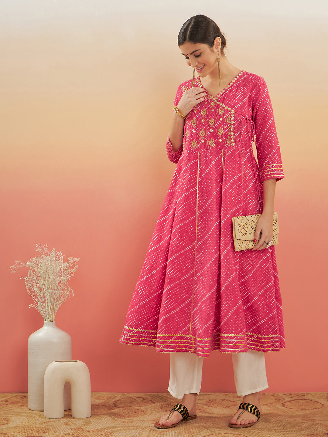InWeave Women's Punch Pink Lehriya Gota Work Angrakha Style Anarkali Kurta - Swadesiicart