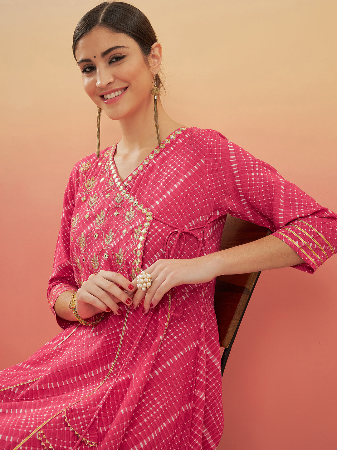 InWeave Women's Punch Pink Lehriya Gota Work Angrakha Style Anarkali Kurta - Swadesiicart