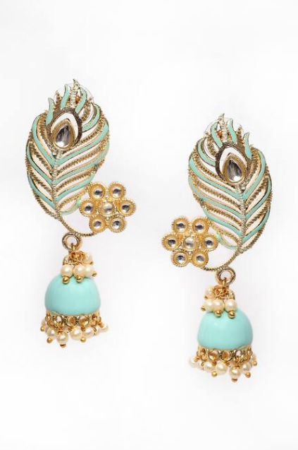 Peacock Feather Pattern Sky Blue Jhumki Drop Earrings for Womens by House of Ree | Swadesiicart